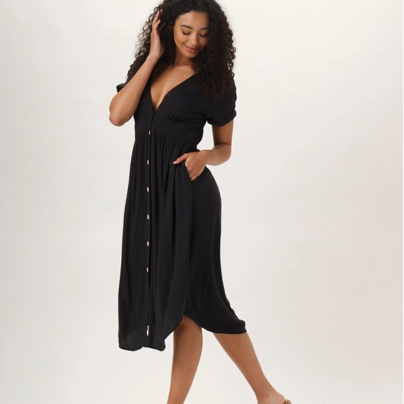 The Normal Brand Deep V Button Thru Midi Dress Black Size Small NWT - Picture 2 of 10